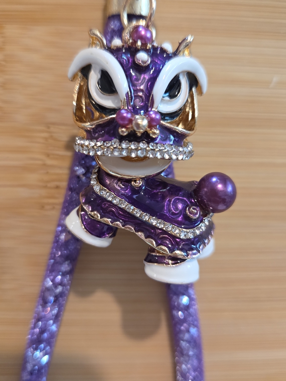Crystal Rhinestone Chinese Lion Dance Keychain Purple Glitter Bag Charm Keyring